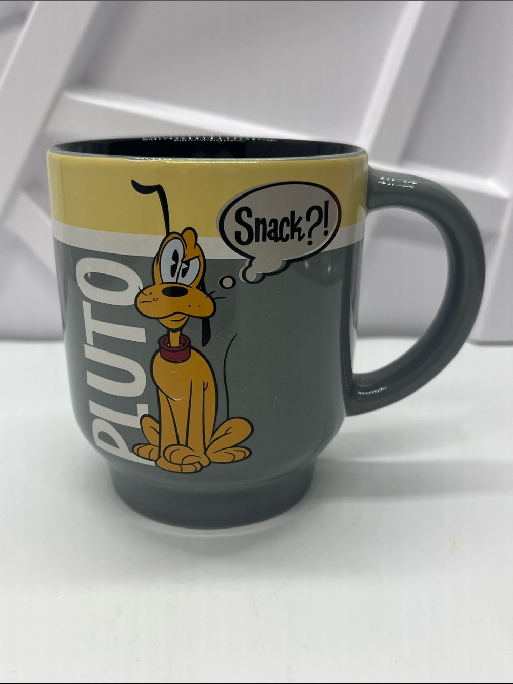 Disney Pluto Gray and Yellow Ceramic Mug with 'Snack?!' Graphic